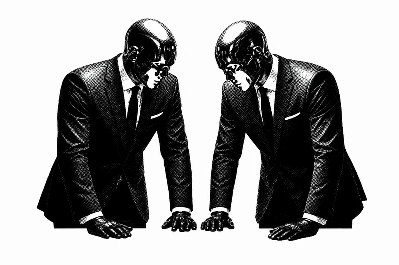 Illustration de deux figures anonymes en costume, côte à côte.